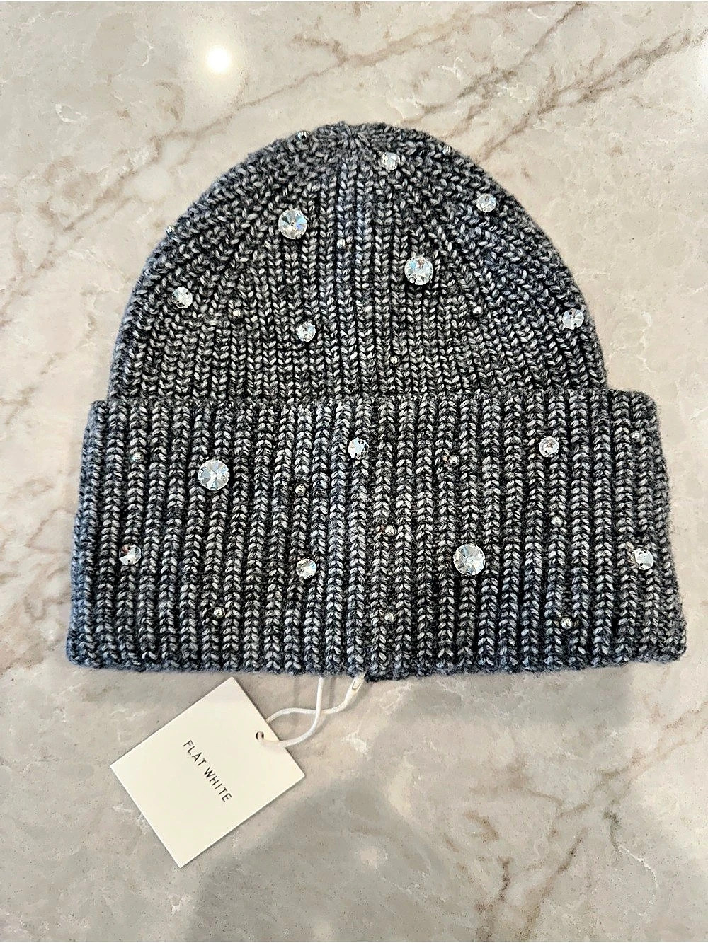 NWT - Flat White Knit Beanie with Rhinestone Embellishments in Gray